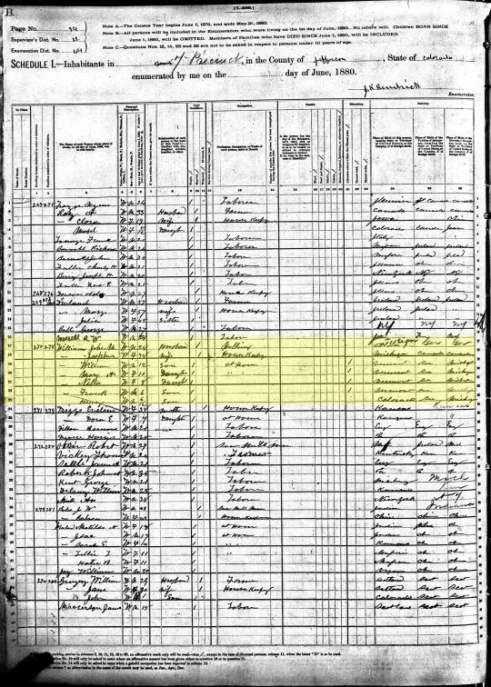 1880 US Census record for household of John Williams, Golden, Colorado