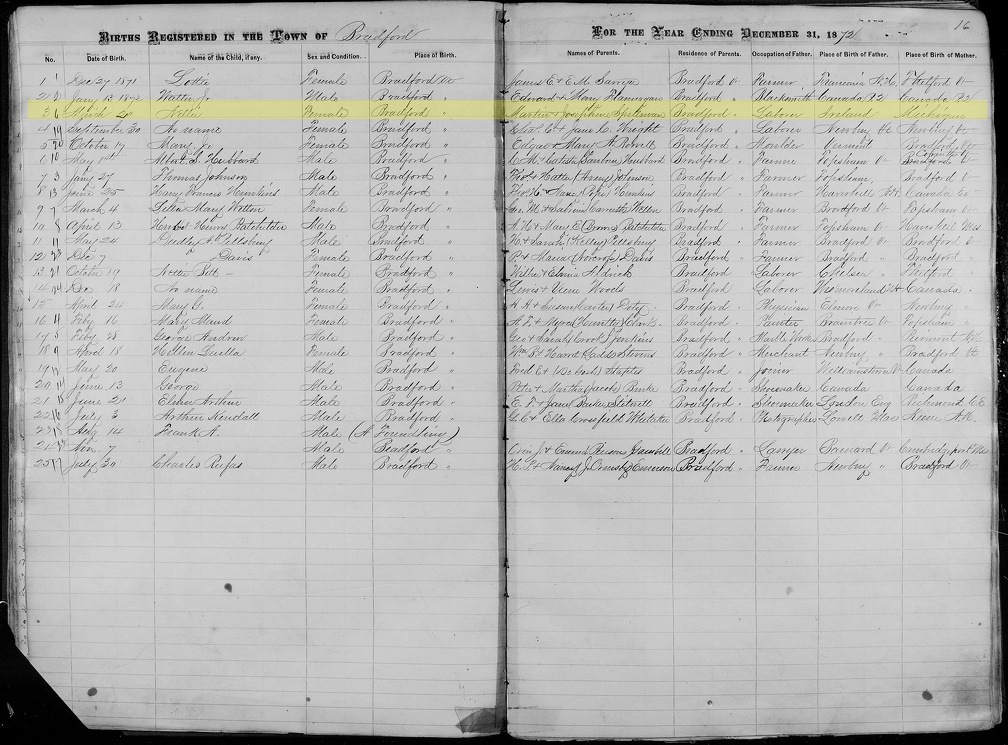 1872 birth record of Nellie Spellman, Bradford, Vermont