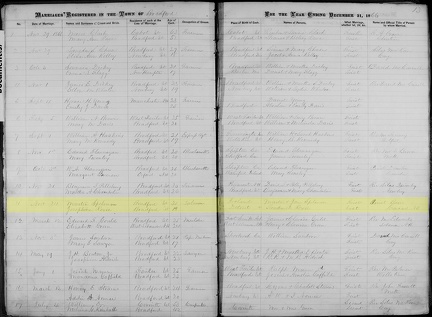 1866 marriage record of Martin Spellman and Josephine Roux, Bradford, Vermont