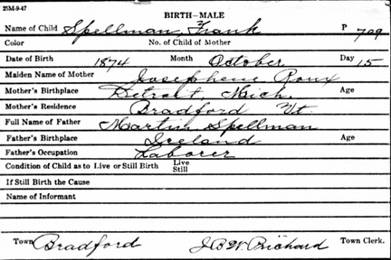 Frank Spellman birth record, 1874, Bradford, Vermont