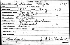 Mary Spellman birth record, 1870, Bradford, Vermont