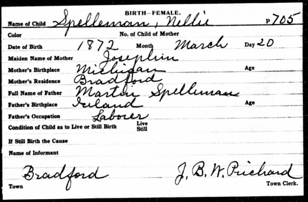 Nellie Spellman birth record, 1872, Bradford, Vermont