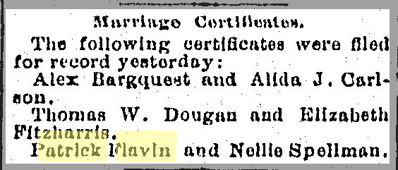 Nellie Spellman and Patrick Flavin marriage certificate announcement in newspaper, 1889